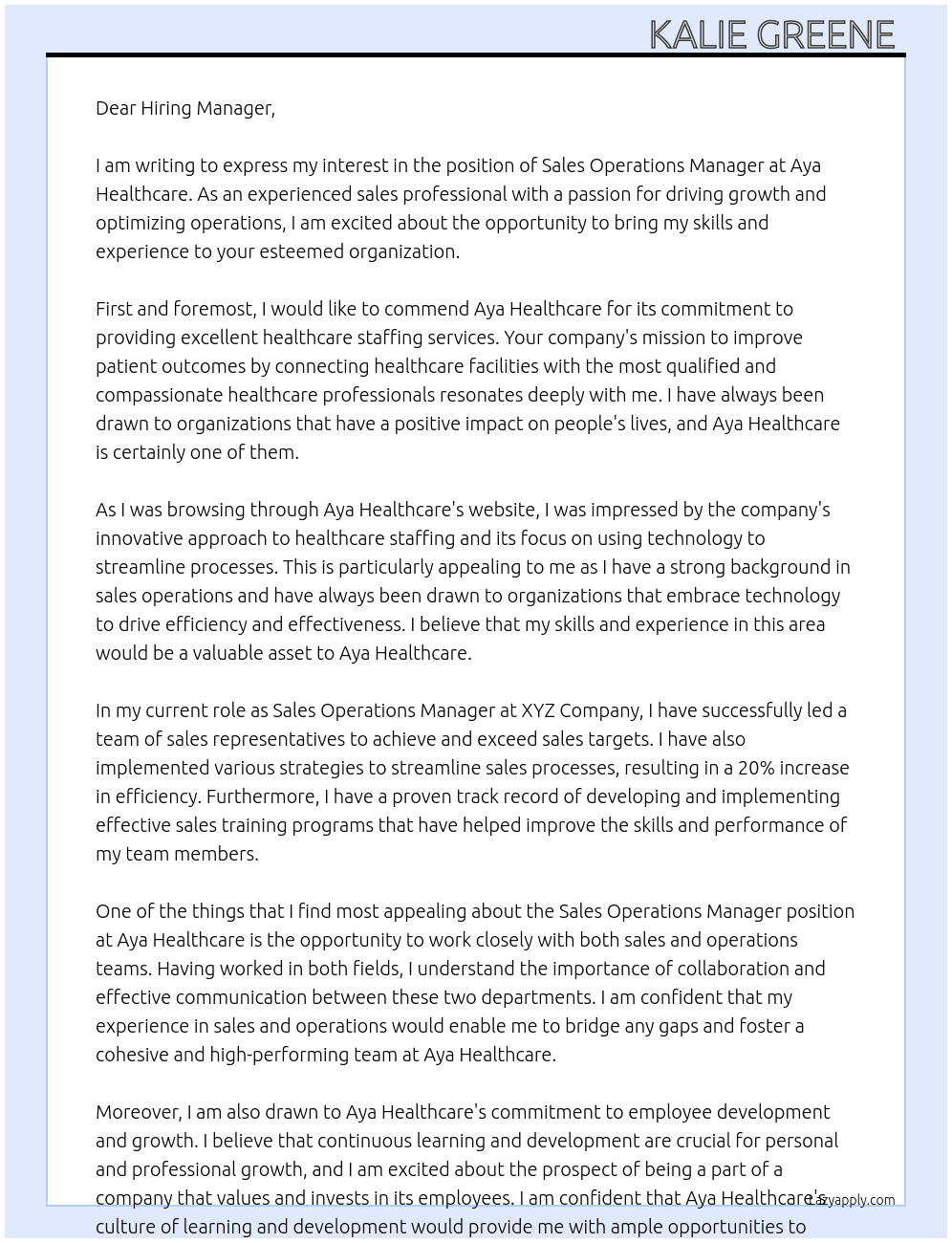 sales operations manager At Aya Healthcare Cover Letter