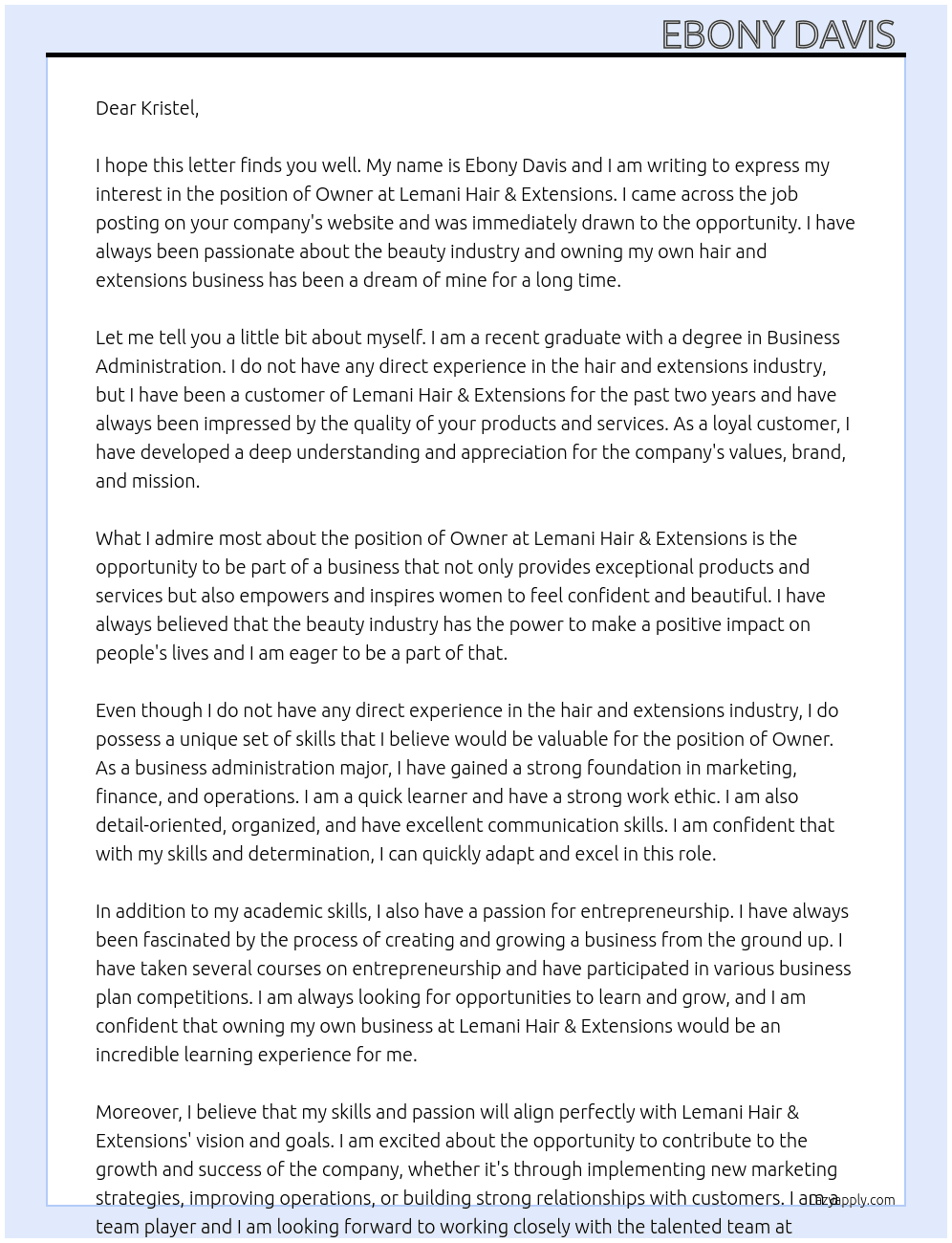 Owner  At Lemani Hair & Extensions Cover Letter