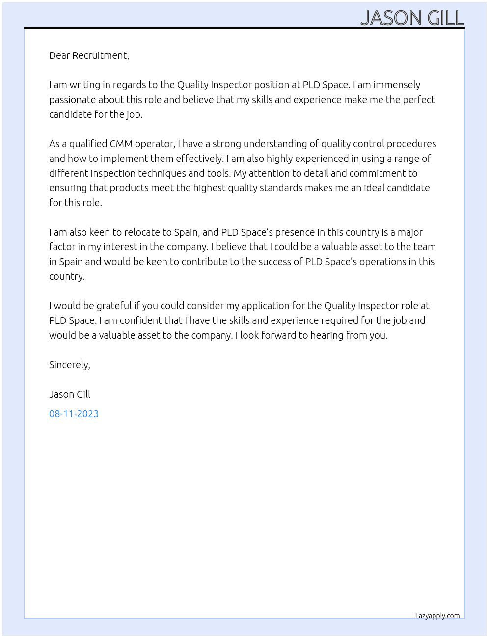 Quality inspector At PLD Space Cover Letter