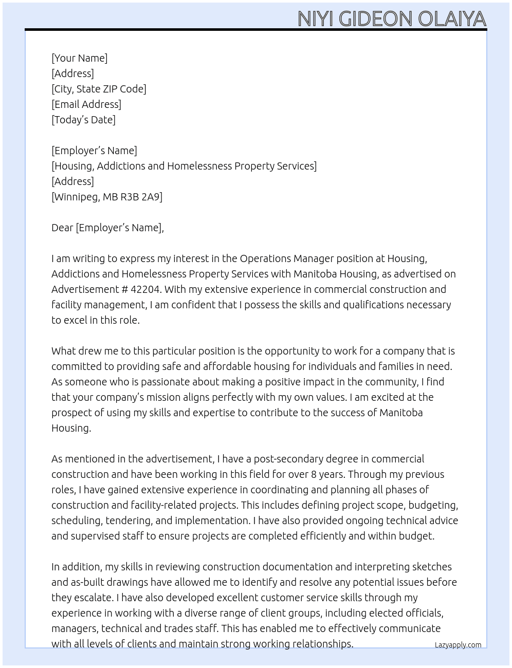 Operations Manager At Housing, Addictions and Homelessness  Property Services, Manitoba Housing   Cover Letter