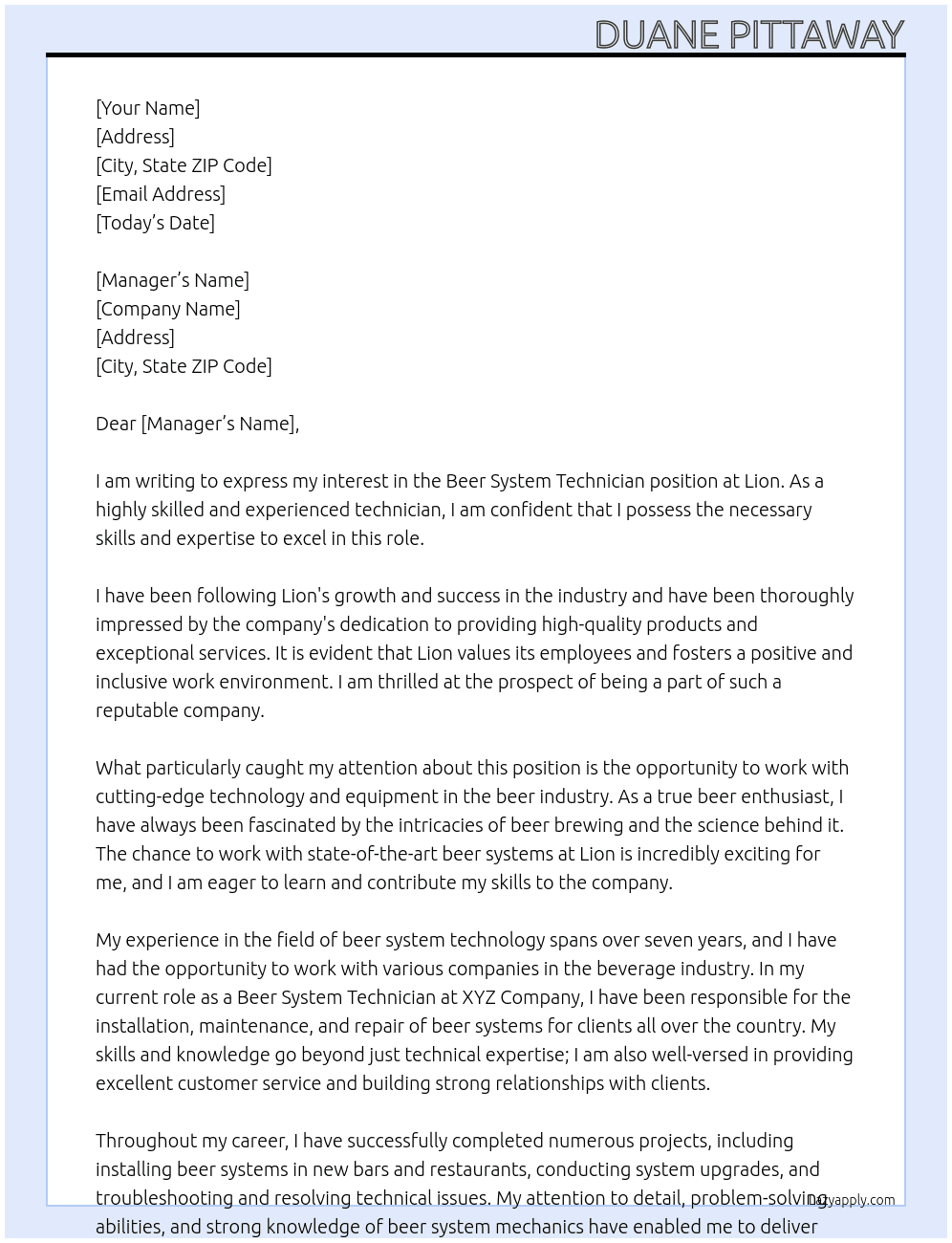 Beer System Technician  At Lion Cover Letter