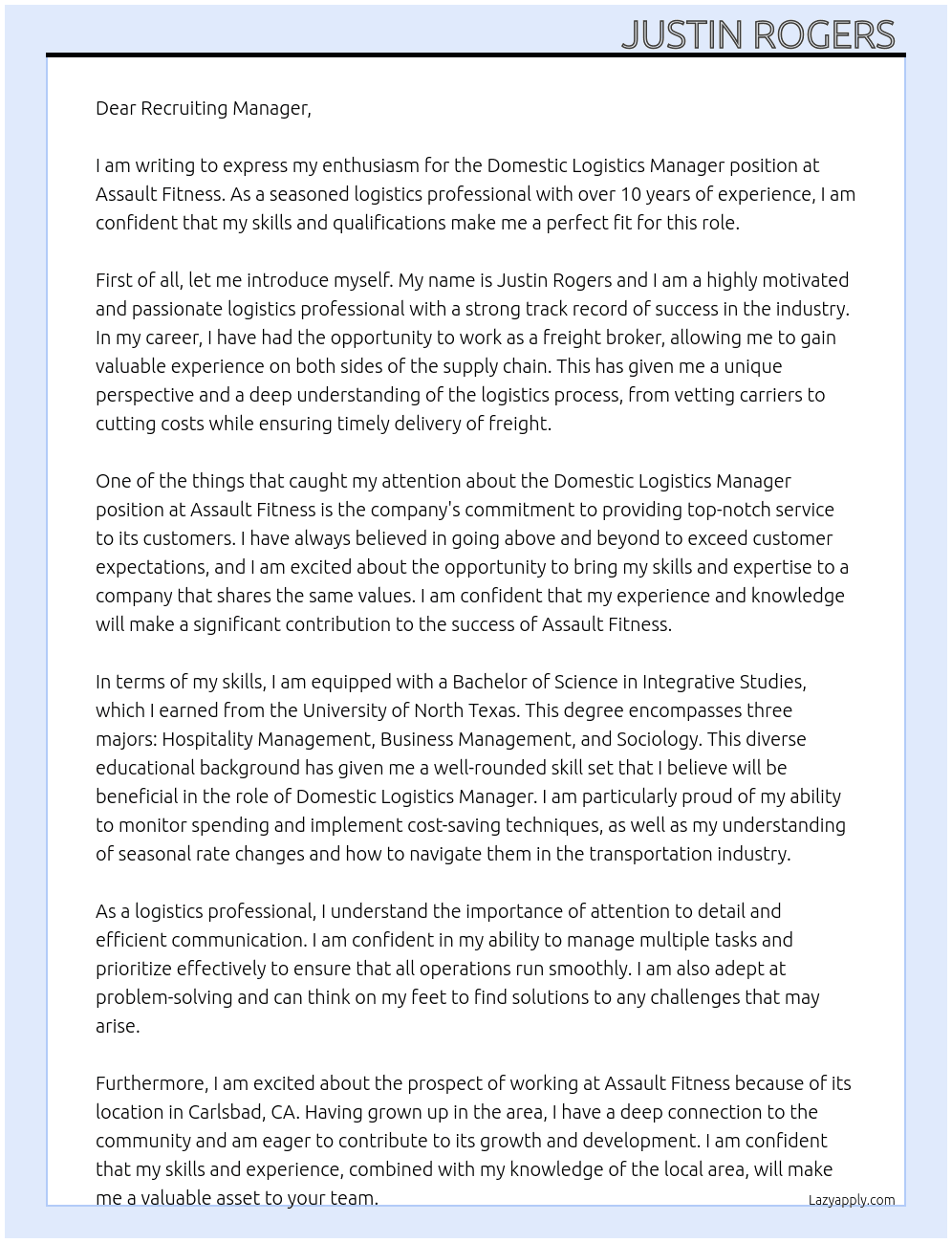 Domestic Logistics Manager At Assault Fitness  Cover Letter