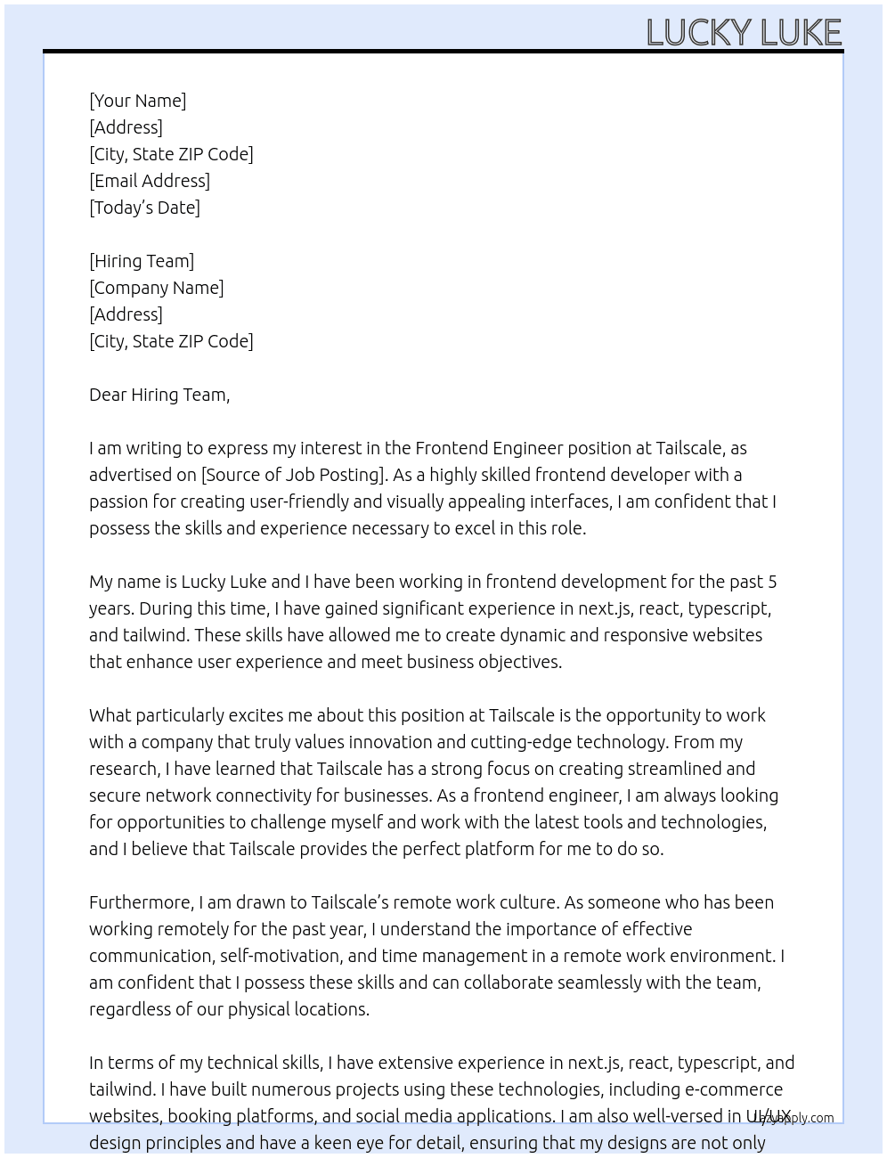 Frontend Engineer At Tailscale Cover Letter