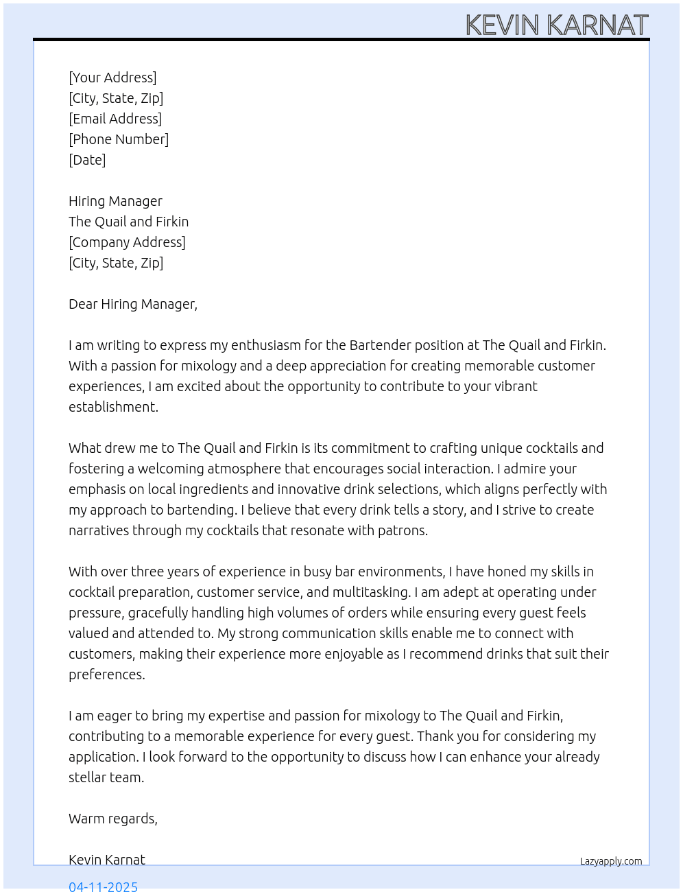 Bartender  At The Quail and Firkin Cover Letter