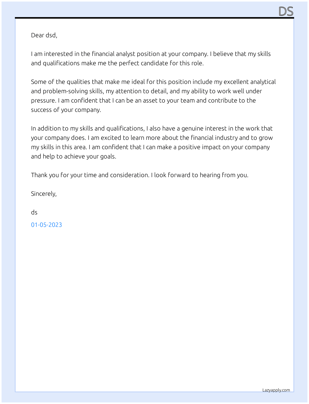 Financial Analyst At dsd Cover Letter