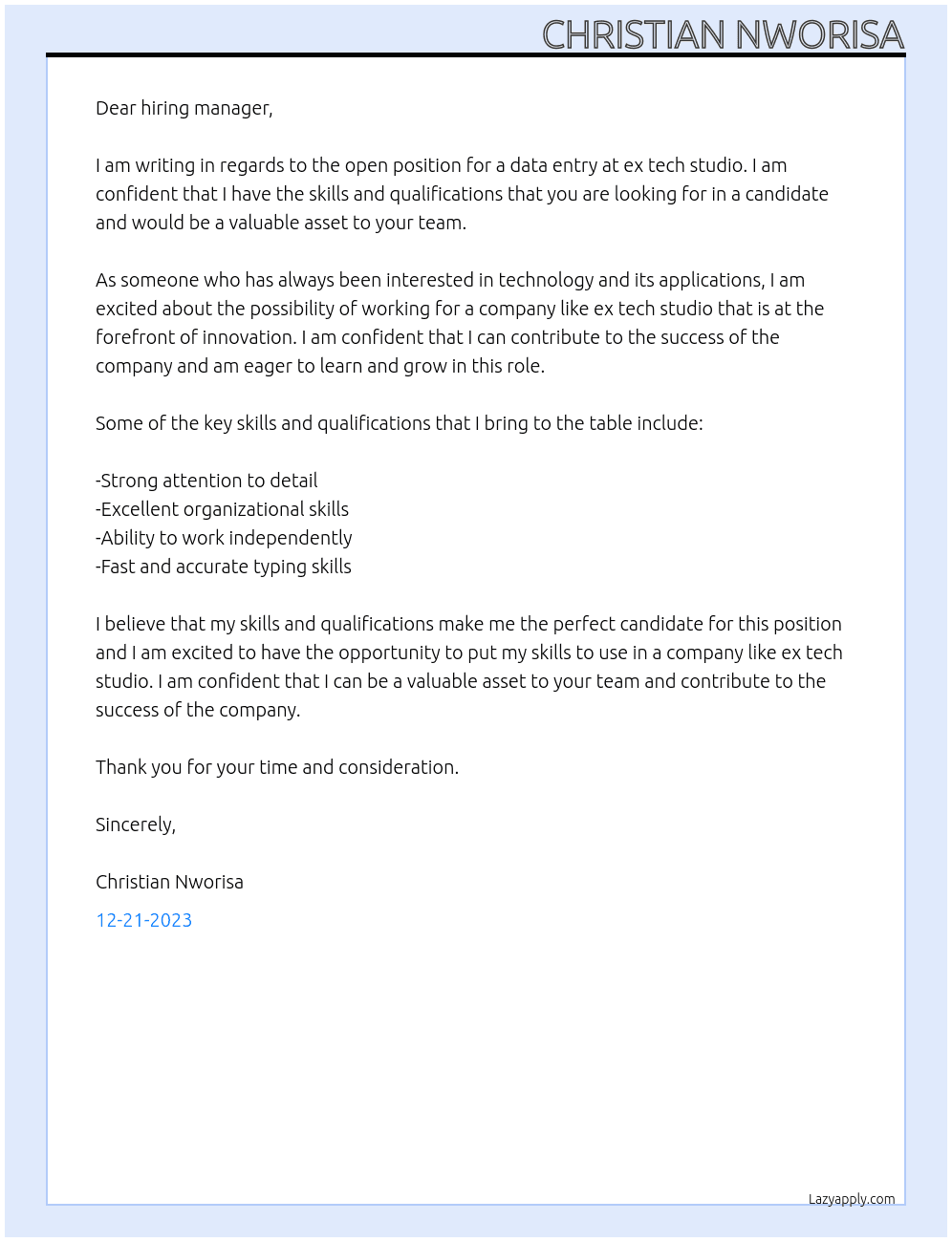 data entring At ex tech studio Cover Letter