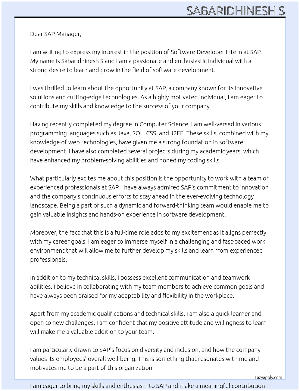 SOFTWARE DEVELOPER INTERN At SAP  Cover Letter