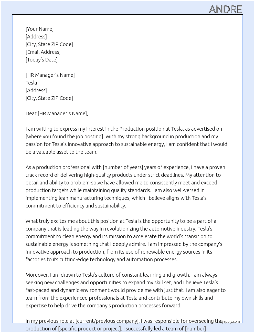 Production  At Tesla Cover Letter