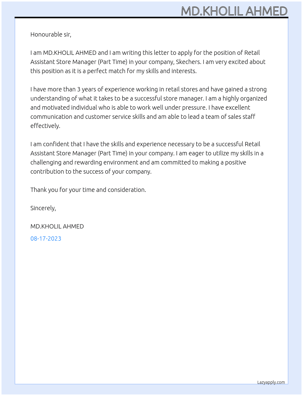 Retail Assistant Store Manager (Part Time)  At Skechers Cover Letter