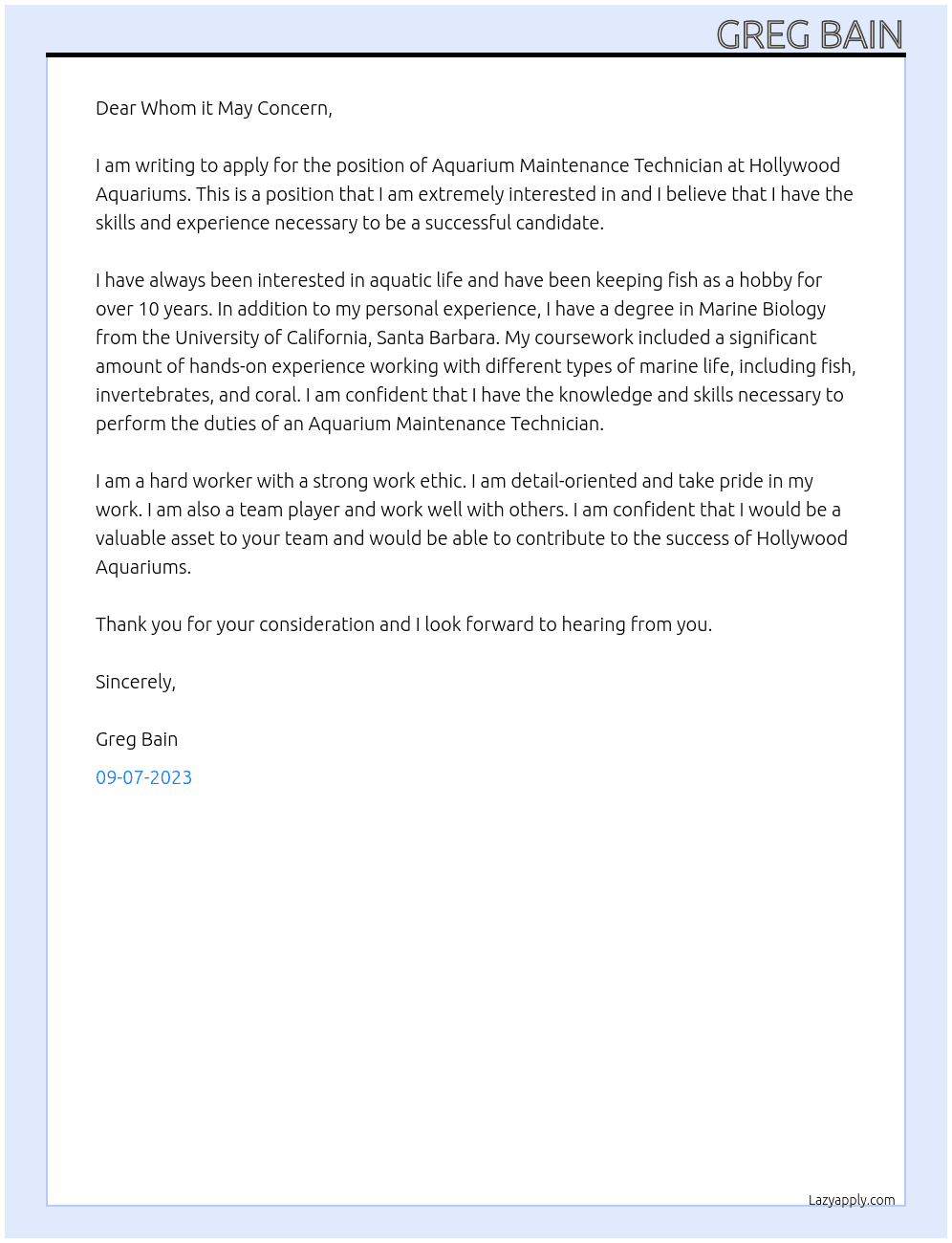 Aquarium Maintenance Technician At Hollywood Aquariums Cover Letter