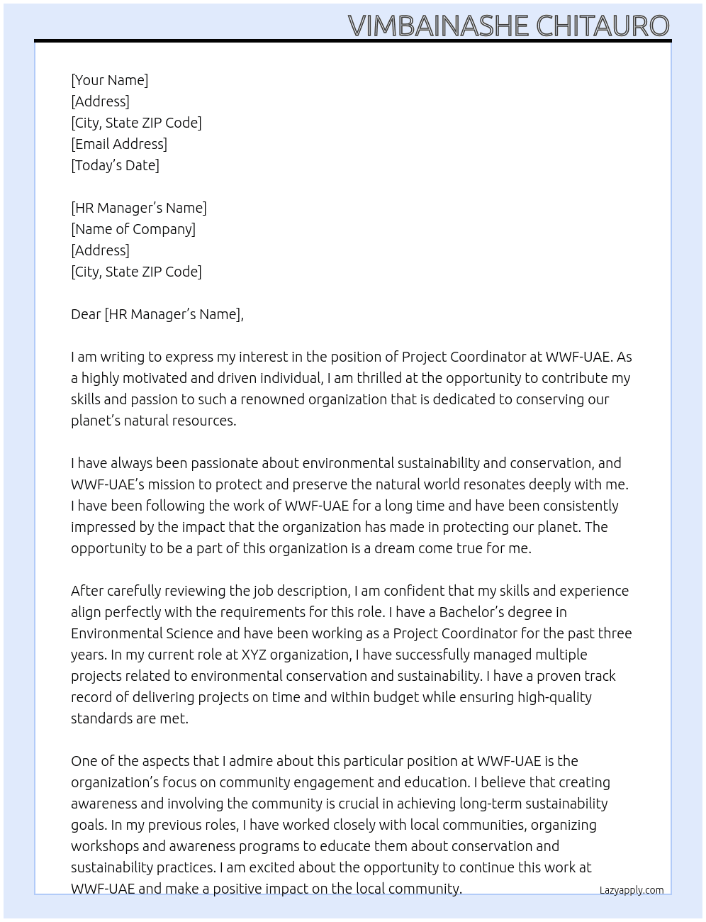 Project Coordinator At WWF-UAE Cover Letter
