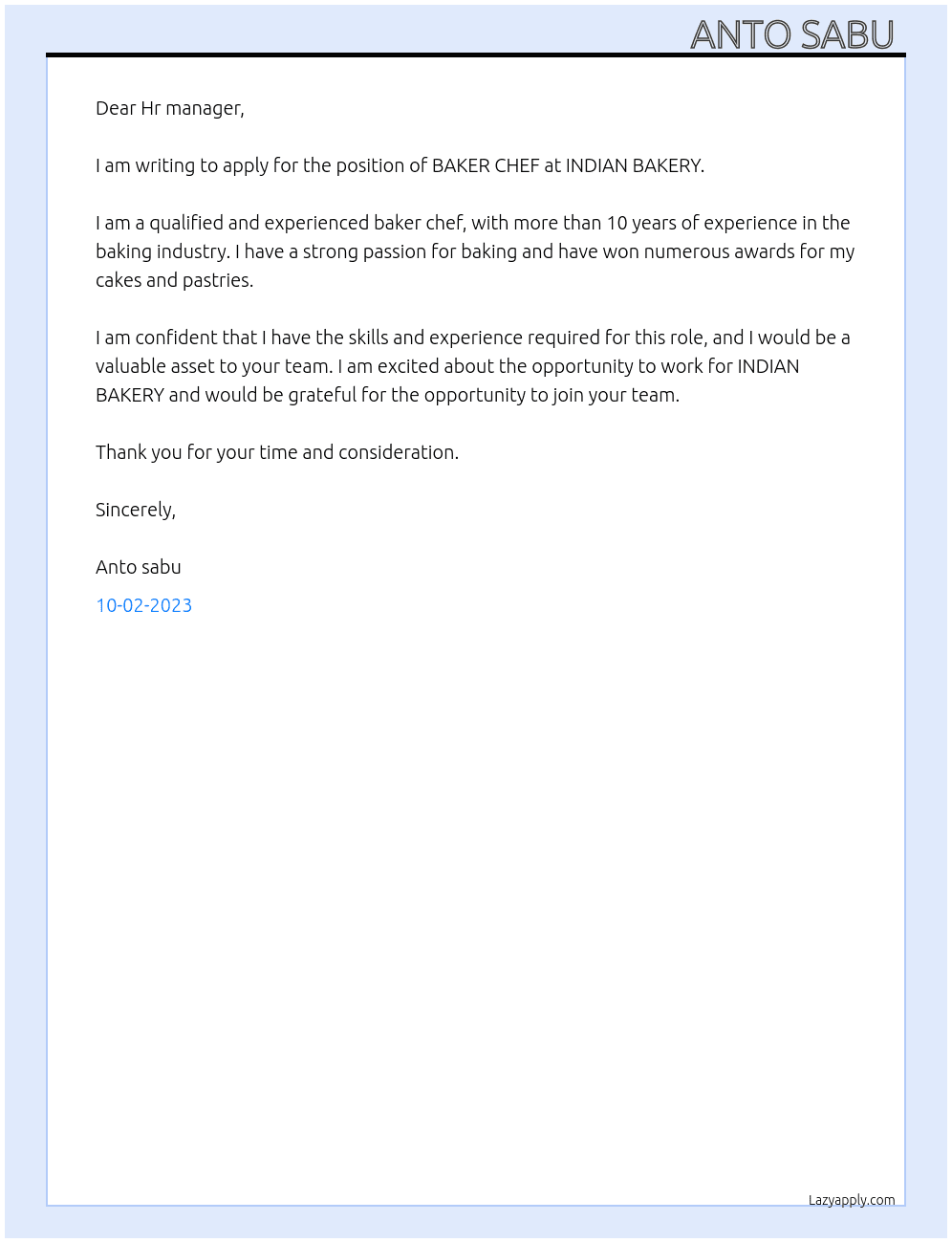 BAKER CHEF At INDIAN BAKERY Cover Letter