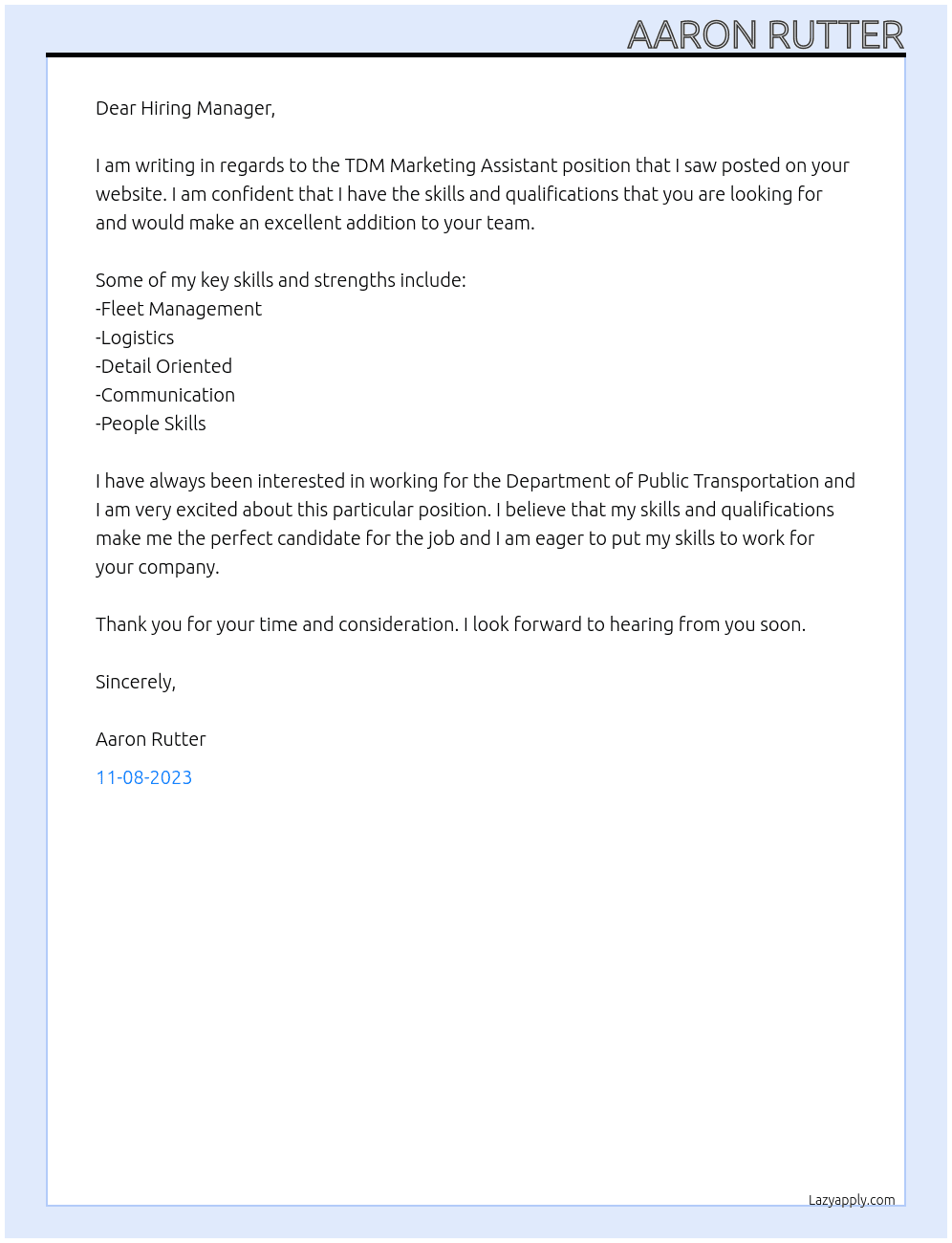 TDM Marketing Assistant At Department of Public Transportation Cover Letter