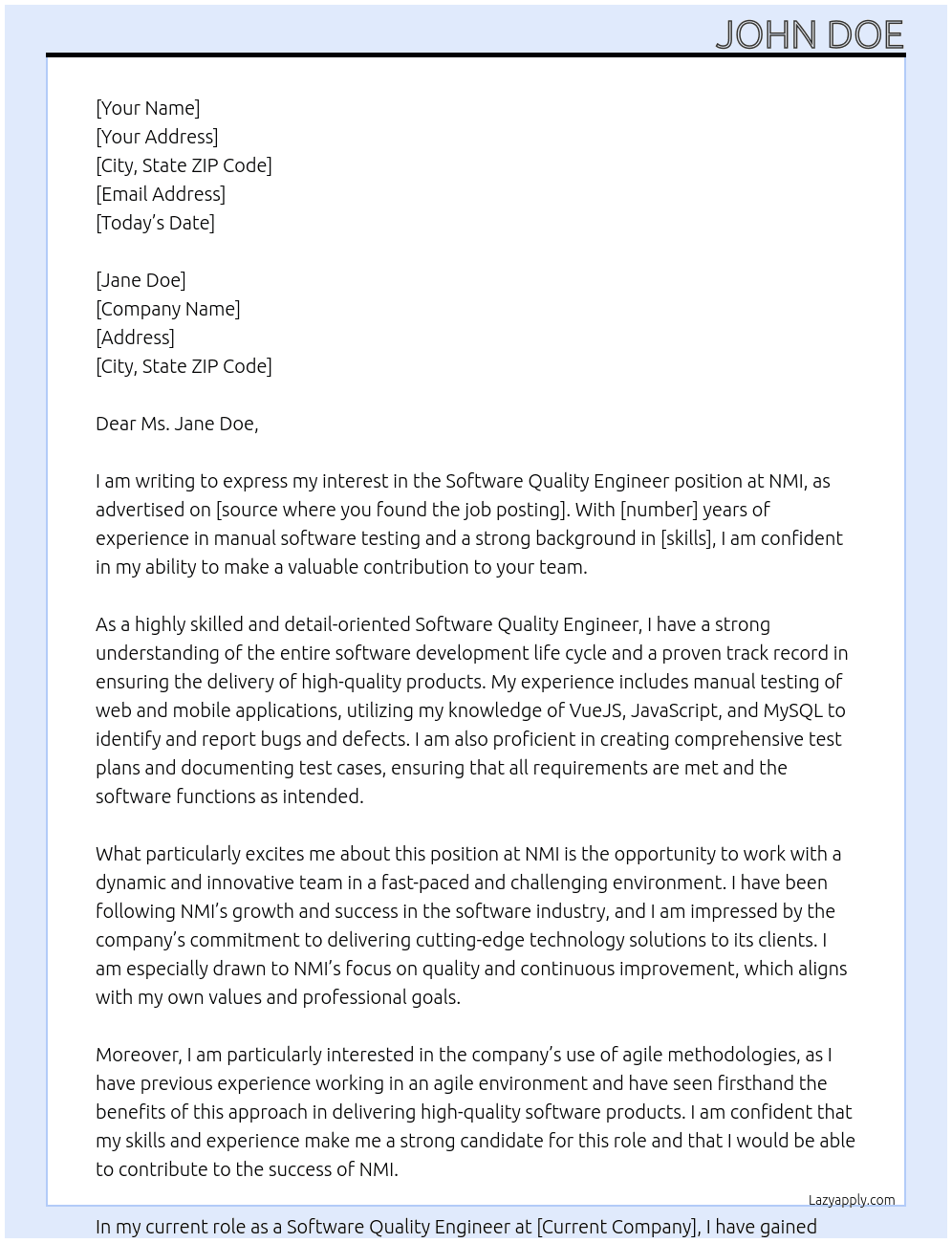 Software Quality engineer At NMI Cover Letter