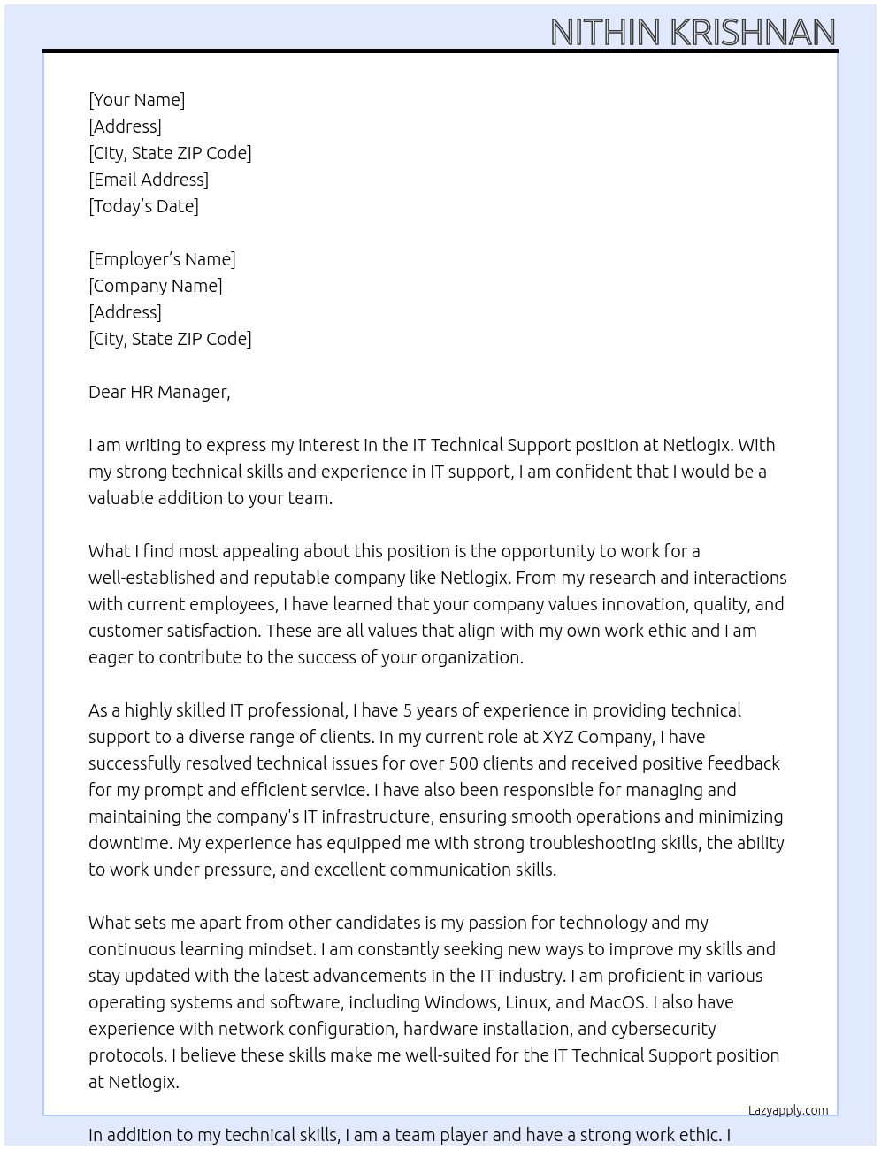 IT Technical Support At NETLOGIX Cover Letter