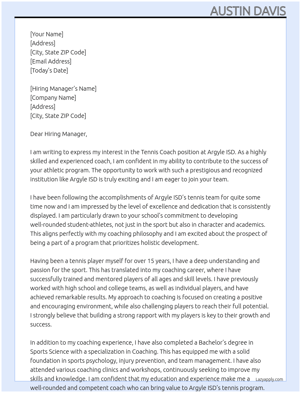 Tennis Coach  At Argyle ISD Cover Letter