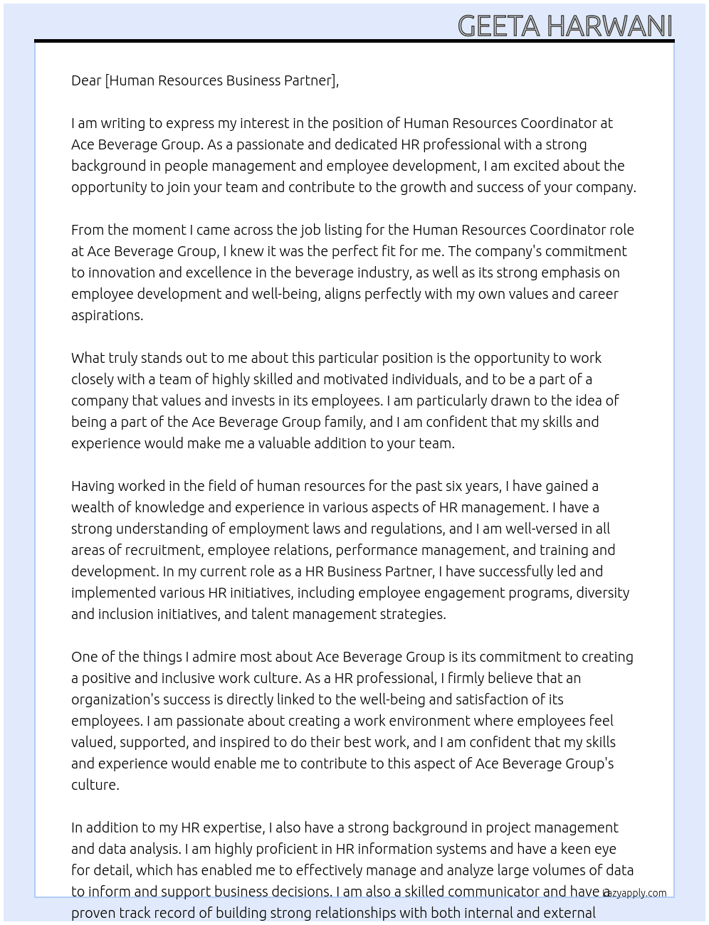 human resources coordinator At Ace beverage group Cover Letter