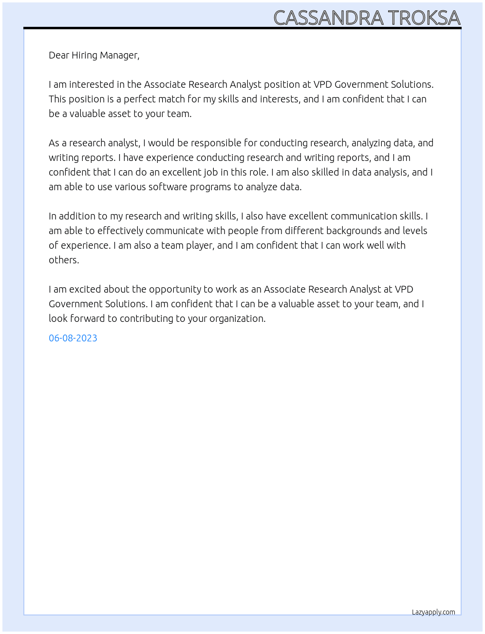 Associate Research Analyst At VPD Government Solutions Cover Letter