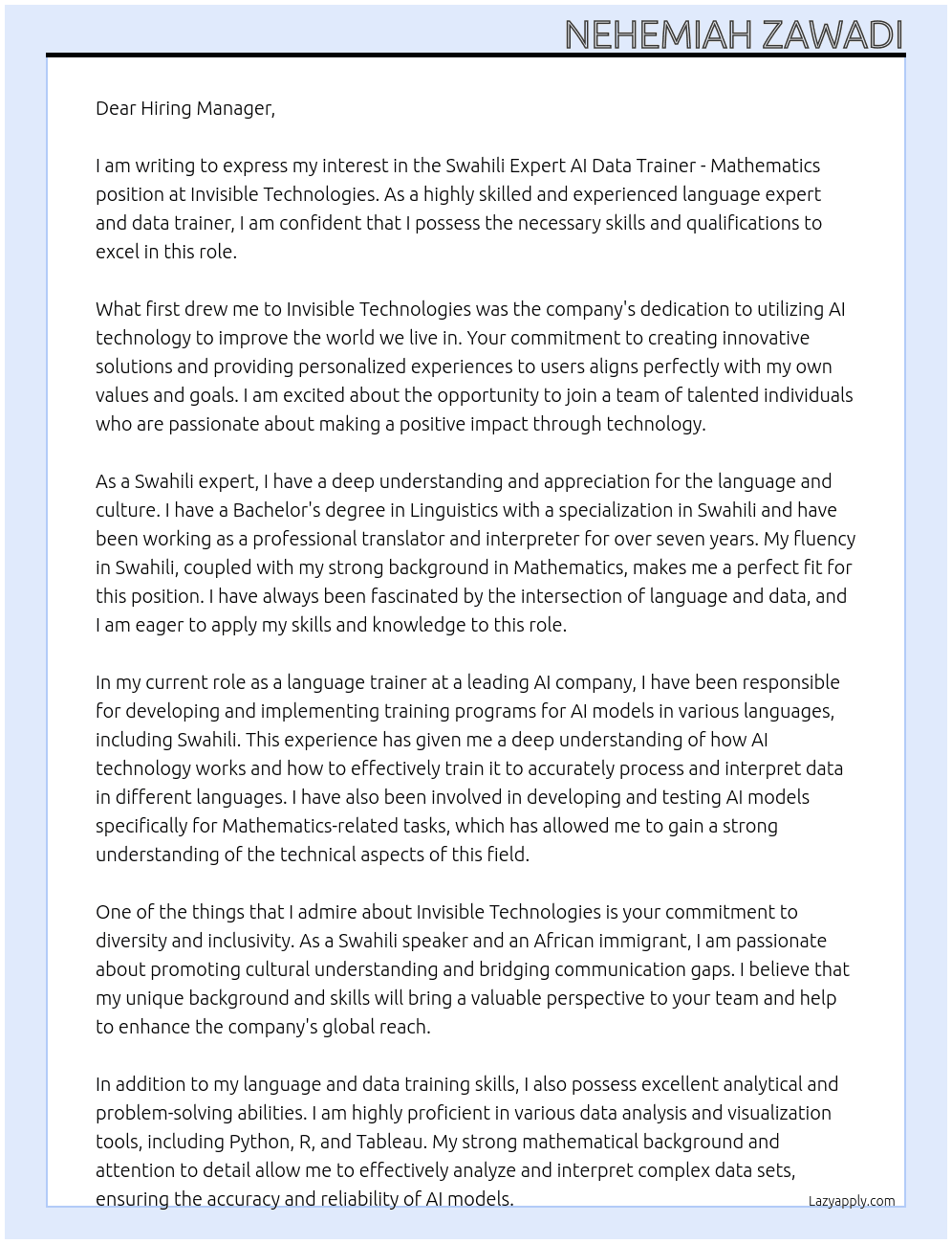 Swahili Expert AI Data Trainer - Mathematics At Invisible Technologies Cover Letter