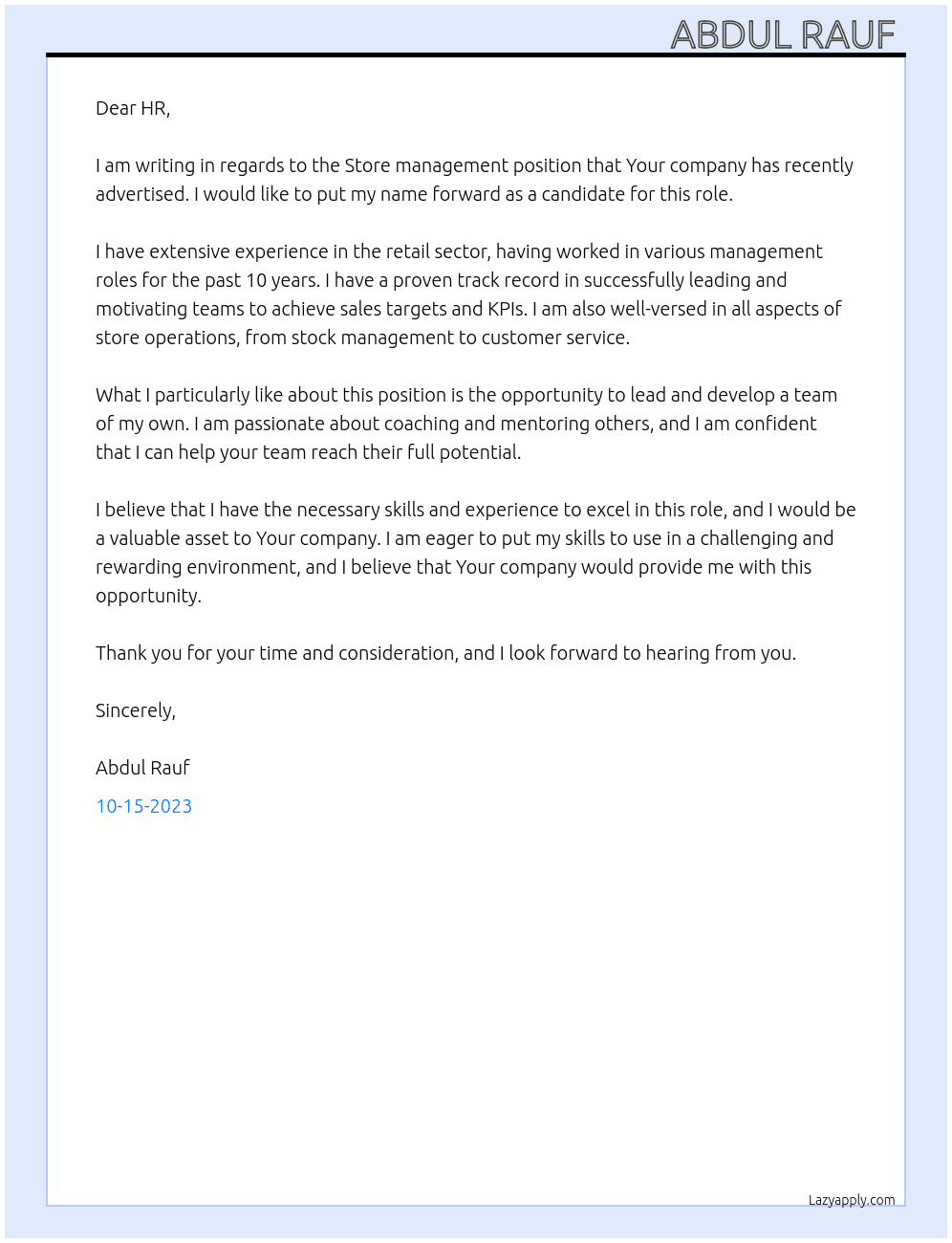 Store management  At Your comany Cover Letter