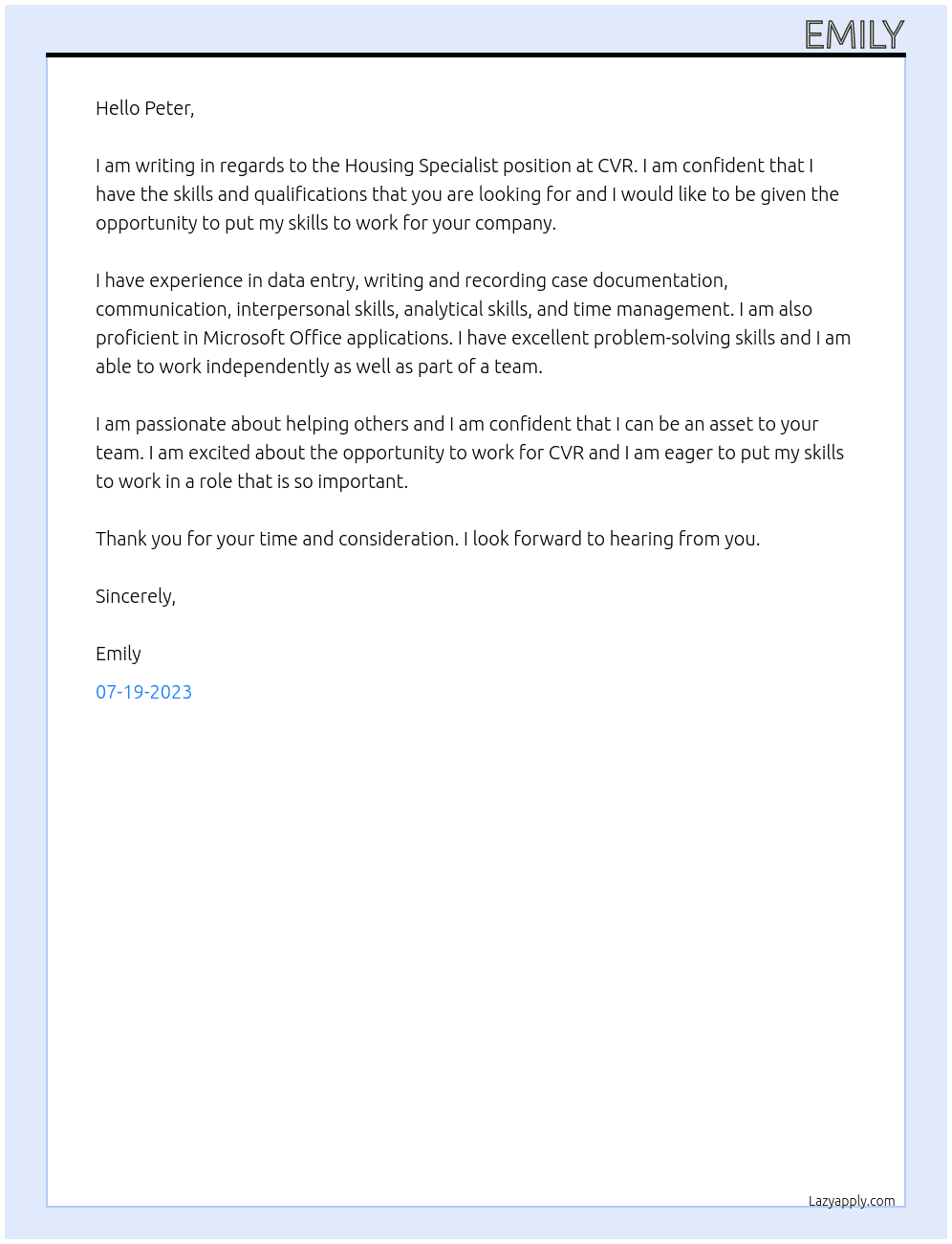 Housing Specialist At CVR Cover Letter