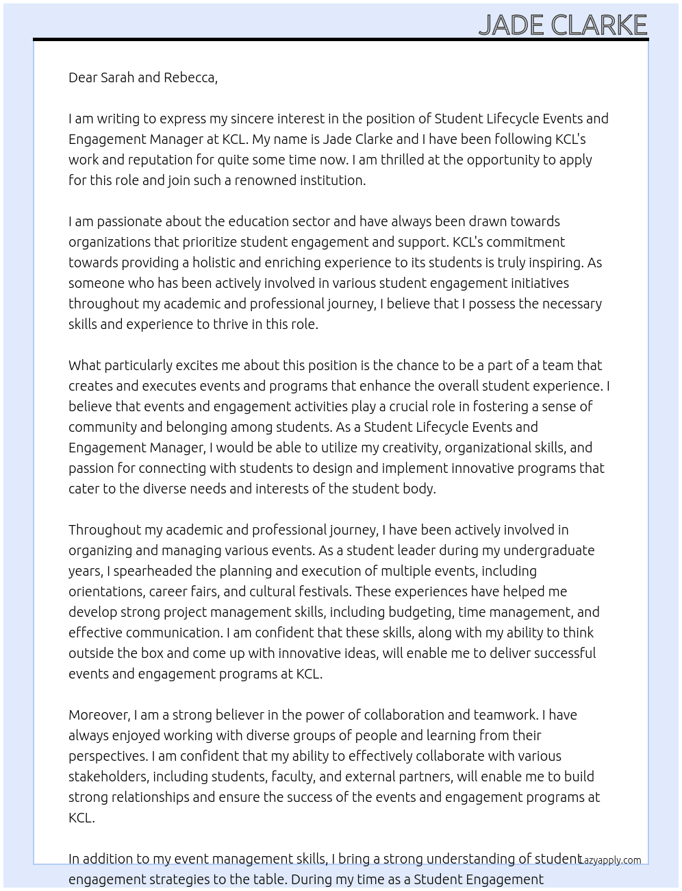 Student Lifecycle Events and Engagement Manager At KCL Cover Letter