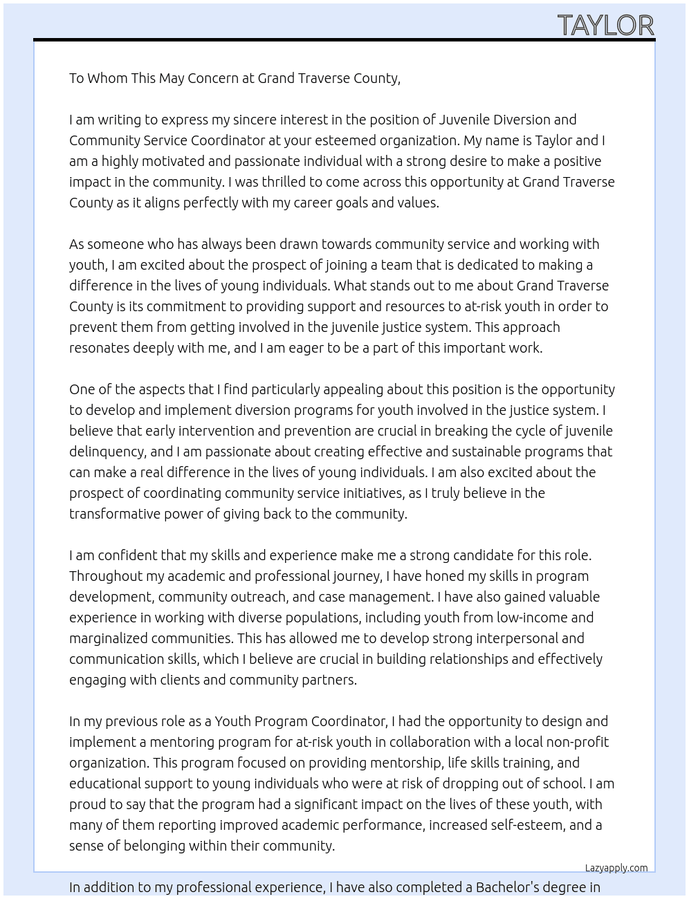 Juvenile Diversion and Community Service Coordinator At Grand Traverse County Cover Letter