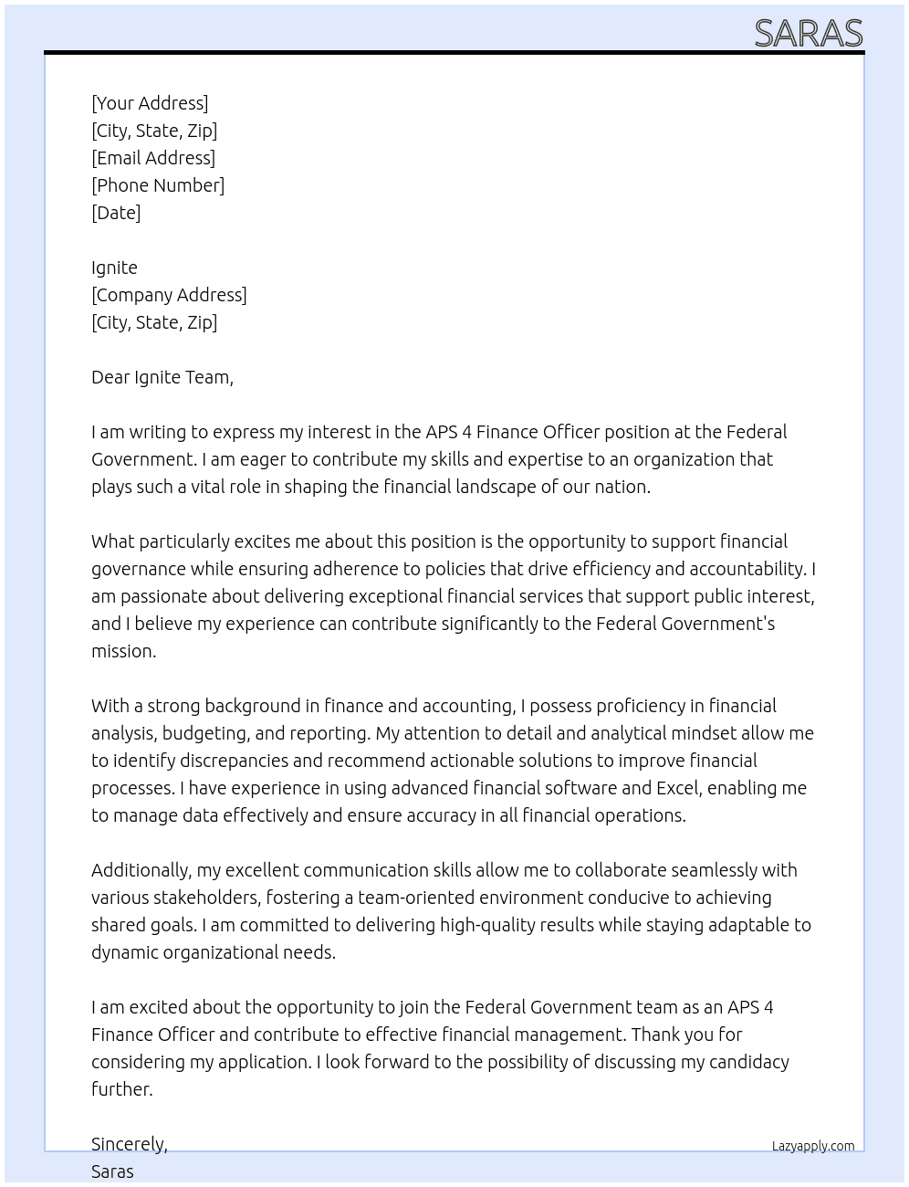 APS 4 Finance Officer At Federal Government Cover Letter