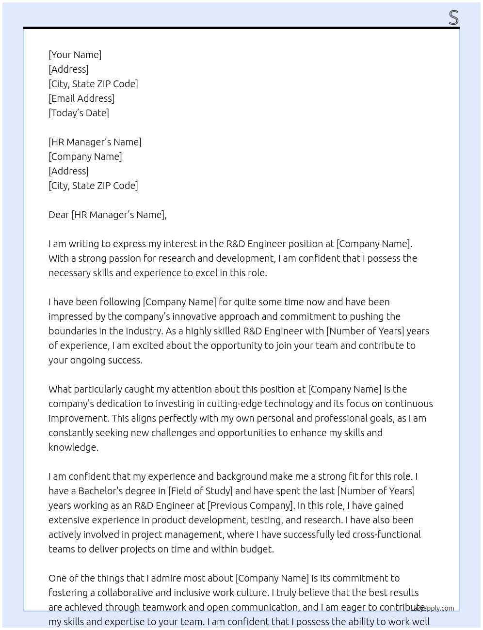R&D Engineer At abc Cover Letter