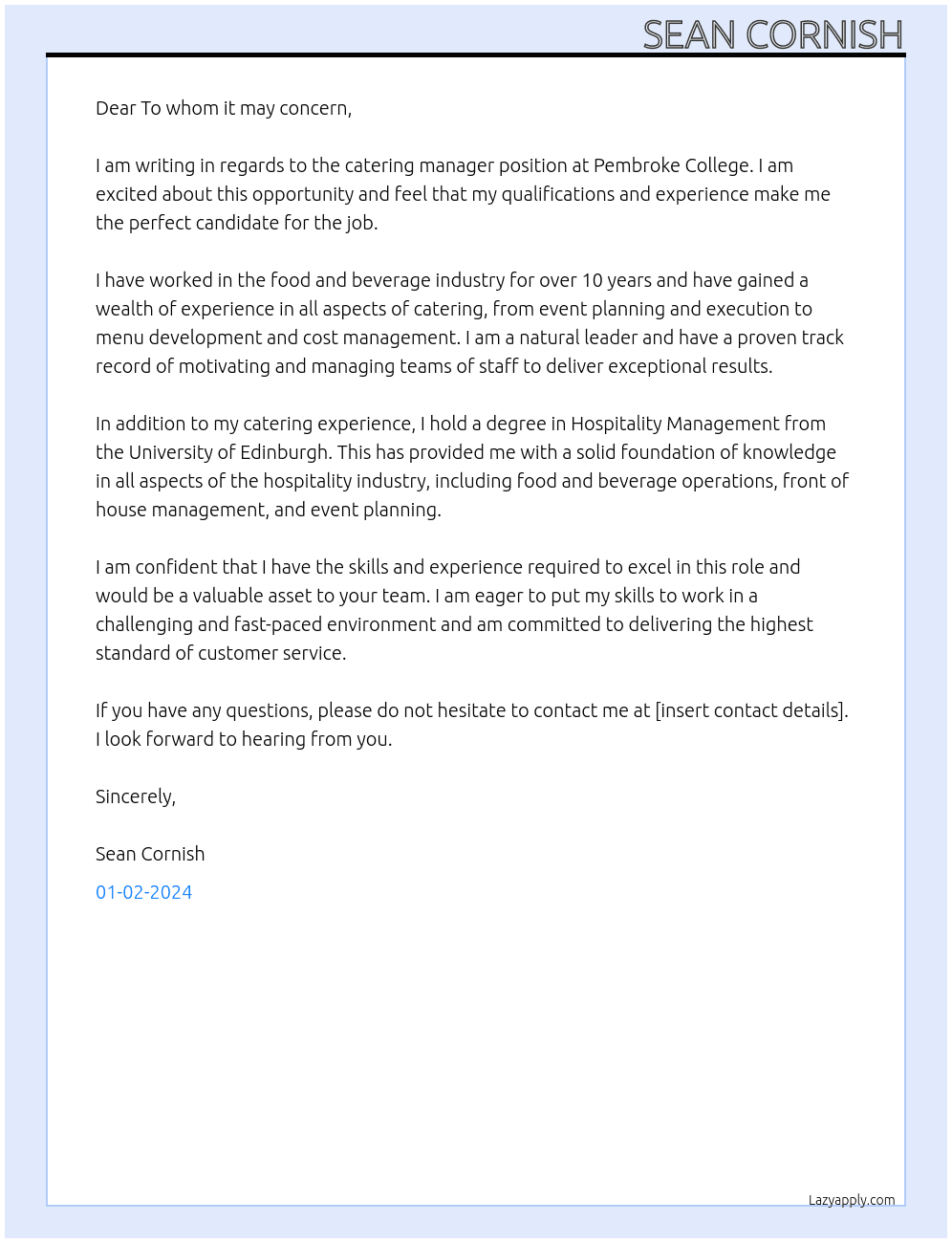 Catering manager At Pembroke Collage Cover Letter