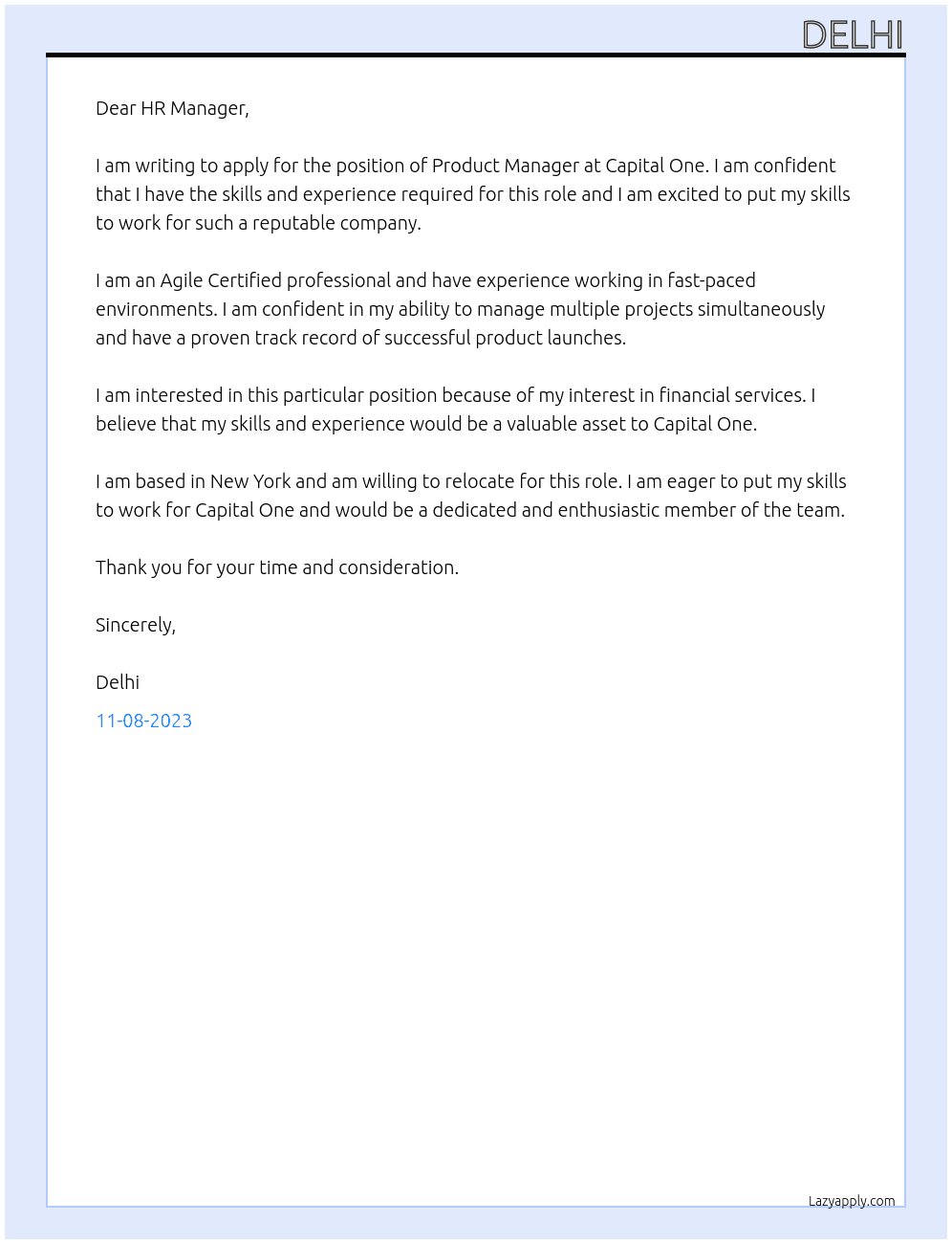 Product Manager At Capital one Cover Letter