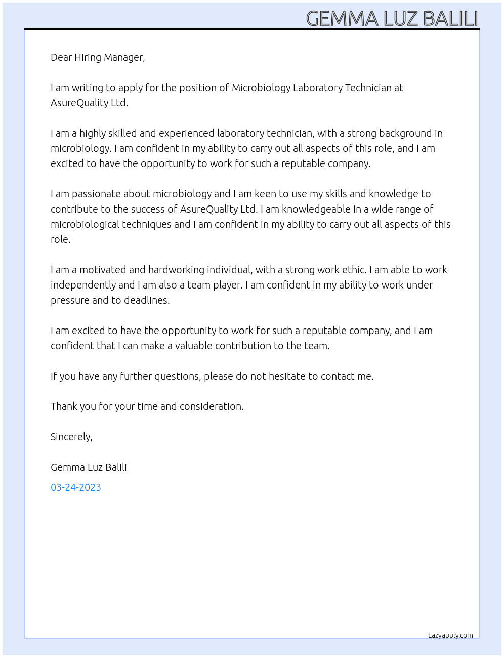 Microbiology Laboratory Technician At AsureQuality Ltd Cover Letter