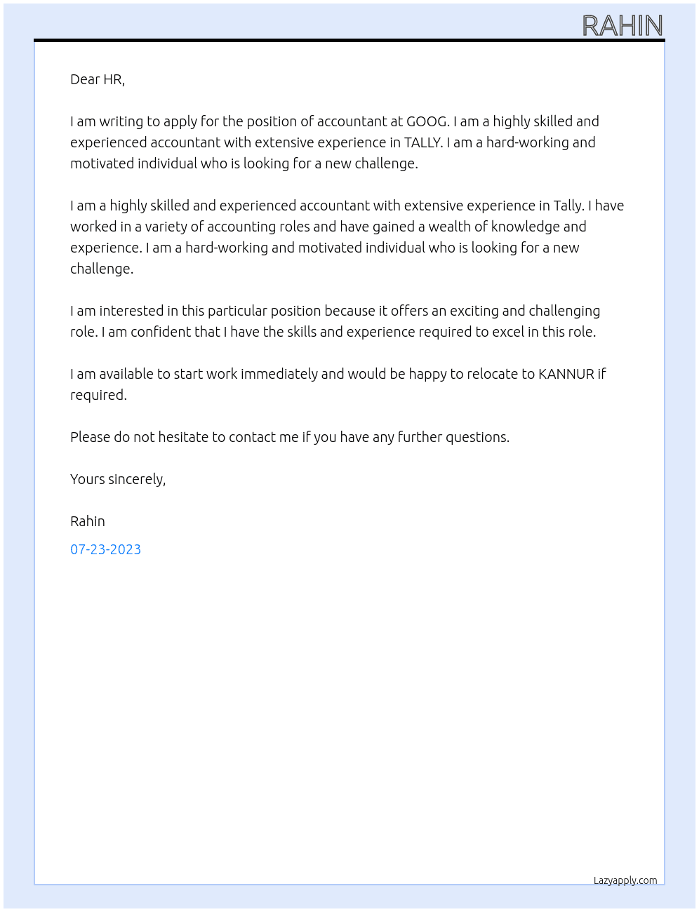 ACCOUNTANT At GOOG Cover Letter