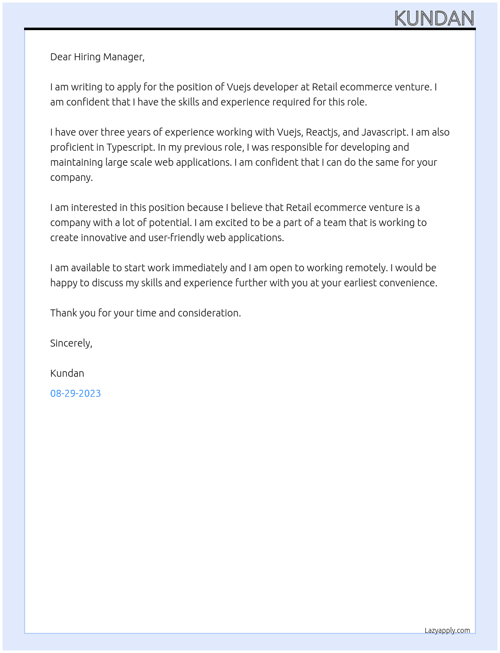 Vuejs developer  At Retail ecommerce venture  Cover Letter