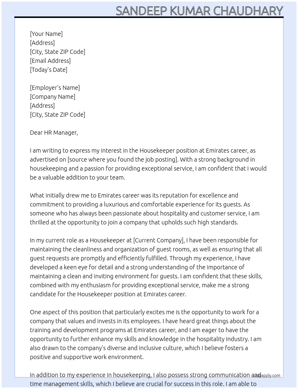 Housekeeper At Emirates career Cover Letter