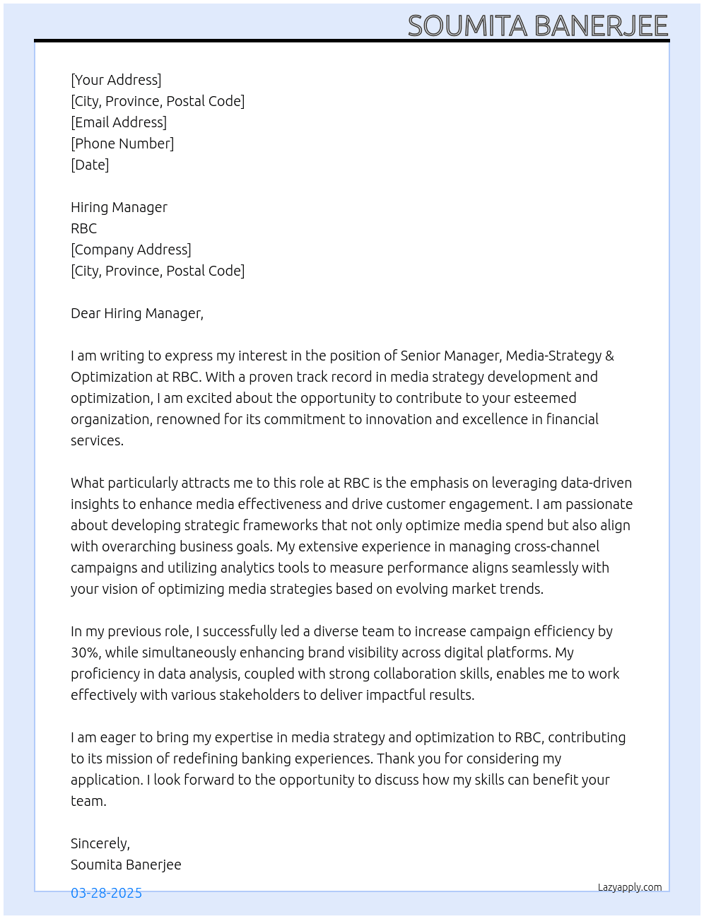 Senior Manager, Media-Strategy & Optimization At RBC Cover Letter
