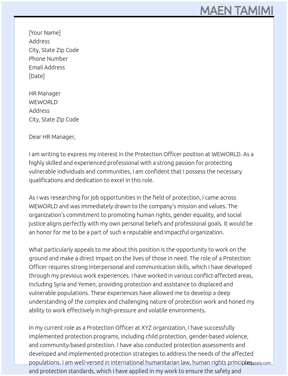 Protection  Officer At WEWORLD Cover Letter