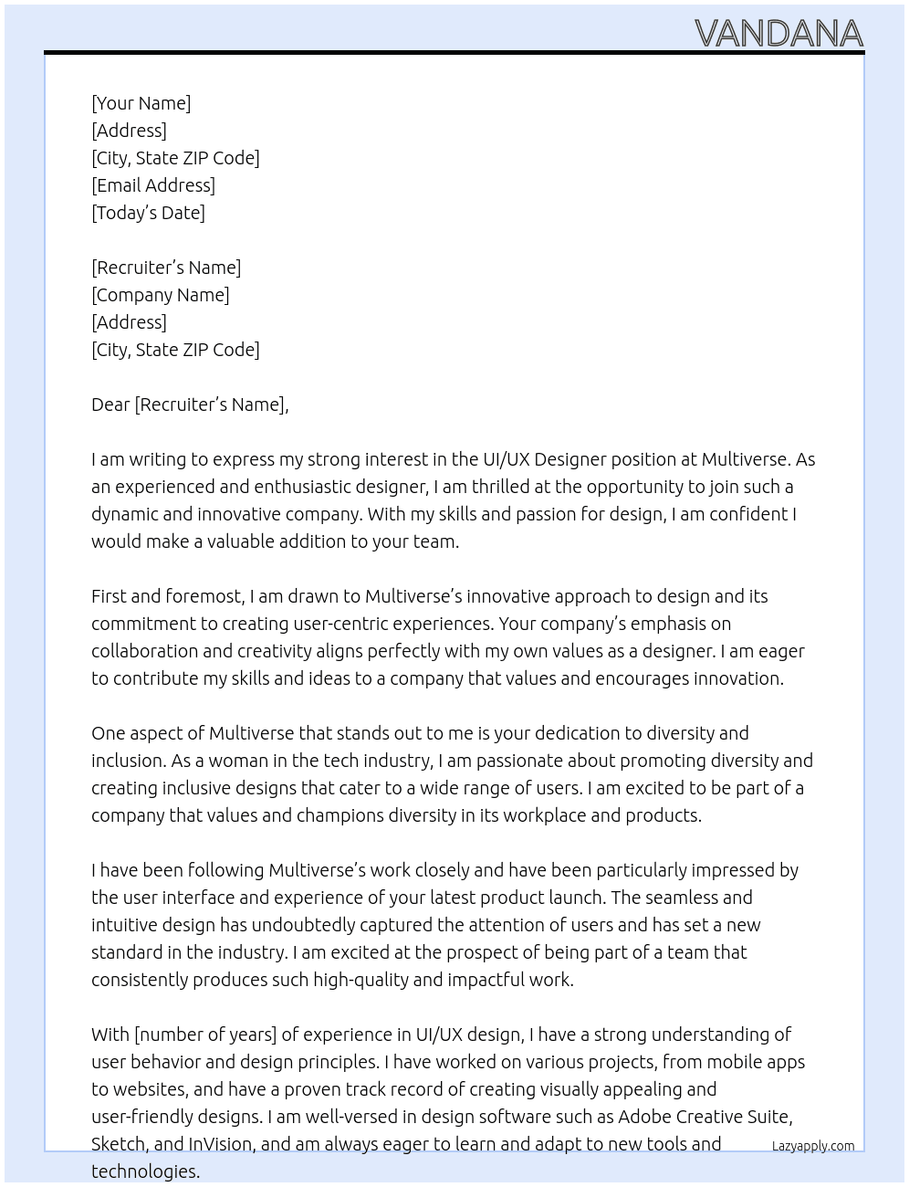 UI/UX Designer At Multiverse Cover Letter