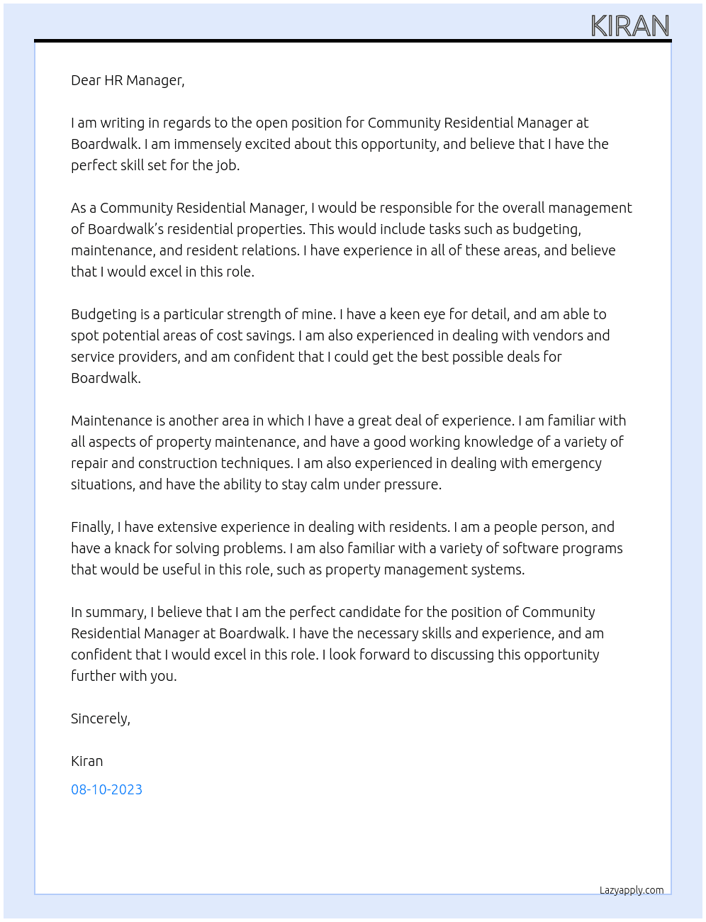 Community Residential Manager At Boardwalk Cover Letter