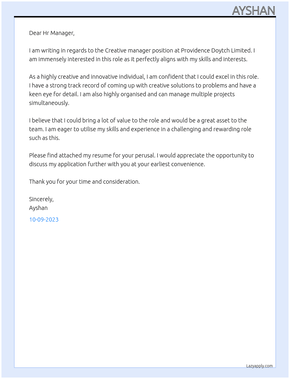 Creative manager At Providence Doytch Limited Cover Letter