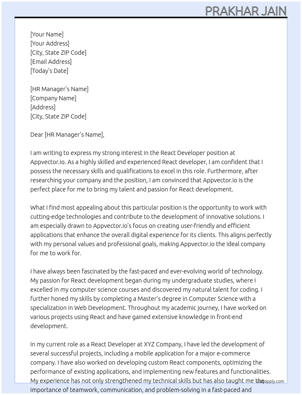 React developer At Appvector.io Cover Letter