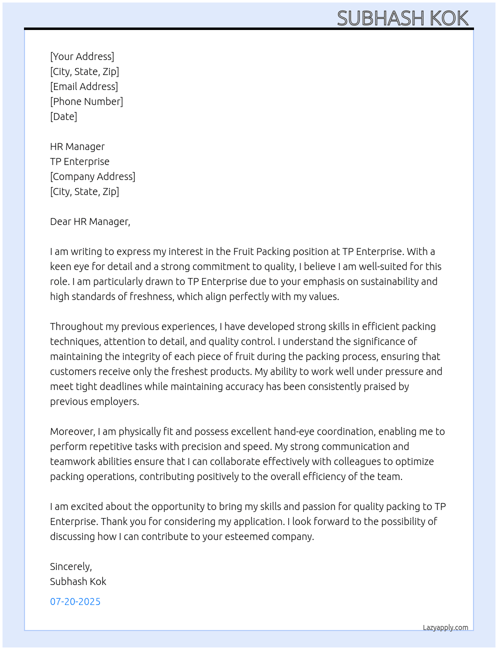 Fruit packing  At Tp enterprise  Cover Letter