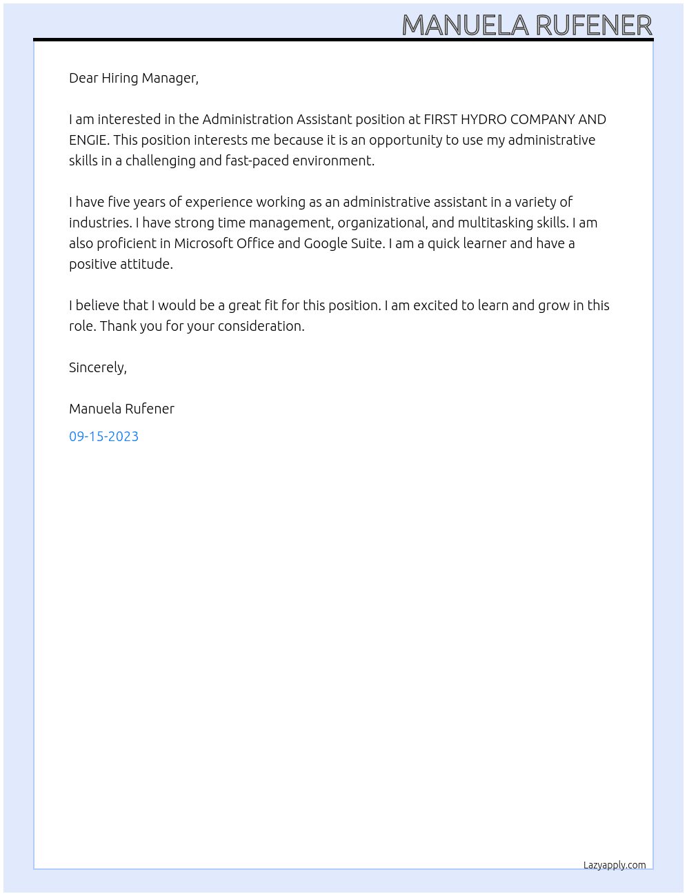 Administration Assistant At FIRST HYDRO COMPANY AND ENGIE Cover Letter