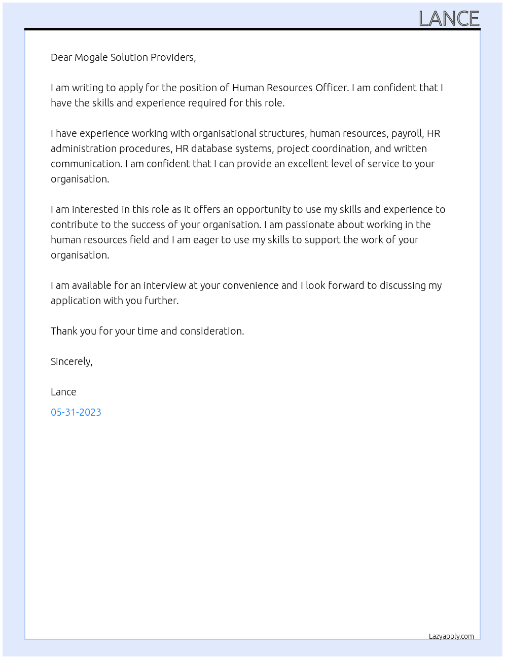 Human Resources Officer At Mogale Solution Providers Cover Letter