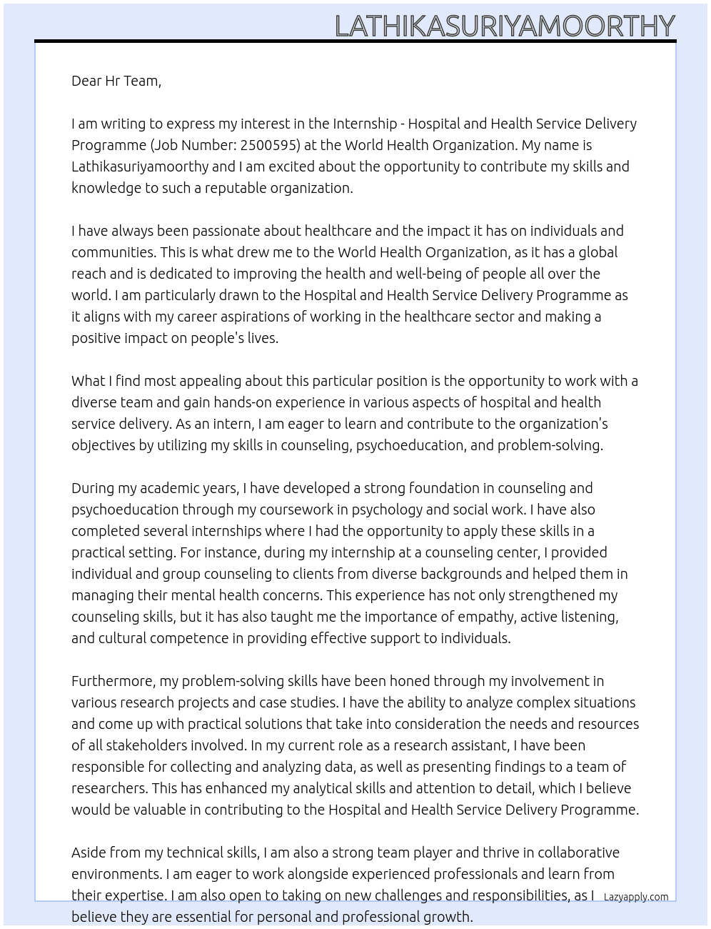 Internship - Hospital and Health Service Delivery Programme (Job Number: 2500595) At World Health Organization  Cover Letter
