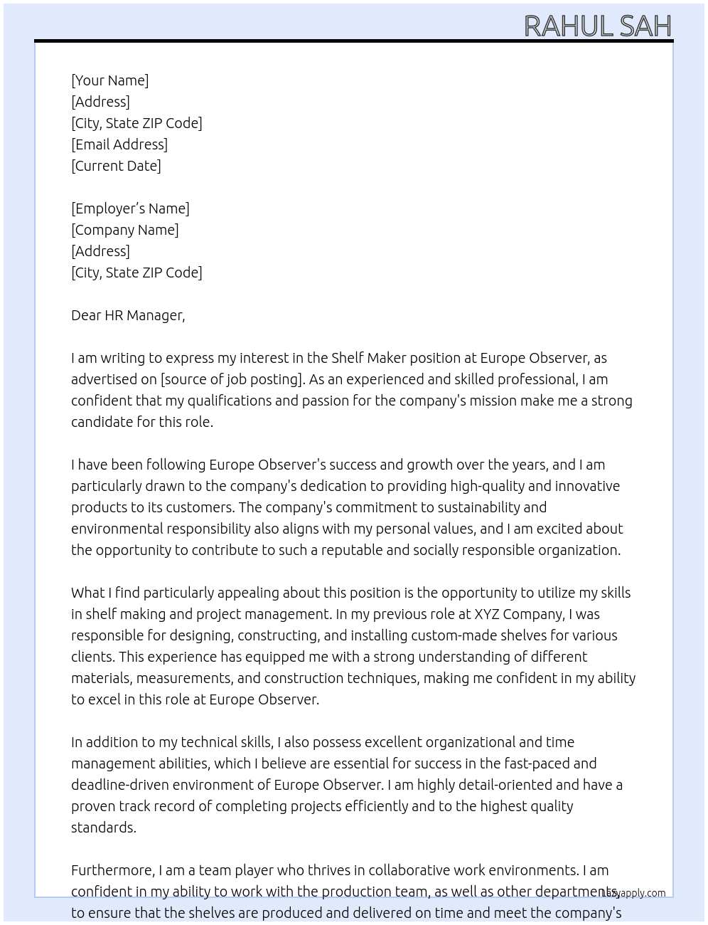 Shelf Maker At Europe Observer Cover Letter