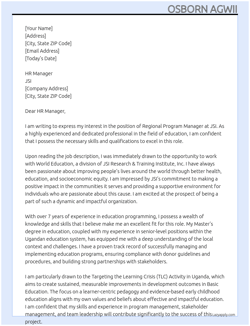Cover letter for regional program manager - LazyApply
