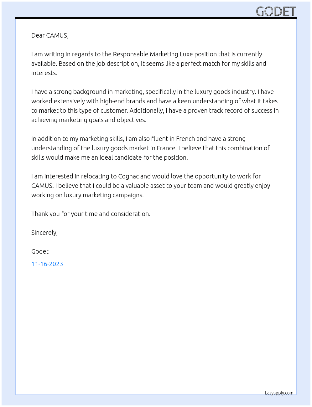 Responsable Marketing Luxe  At CAMUS Cover Letter