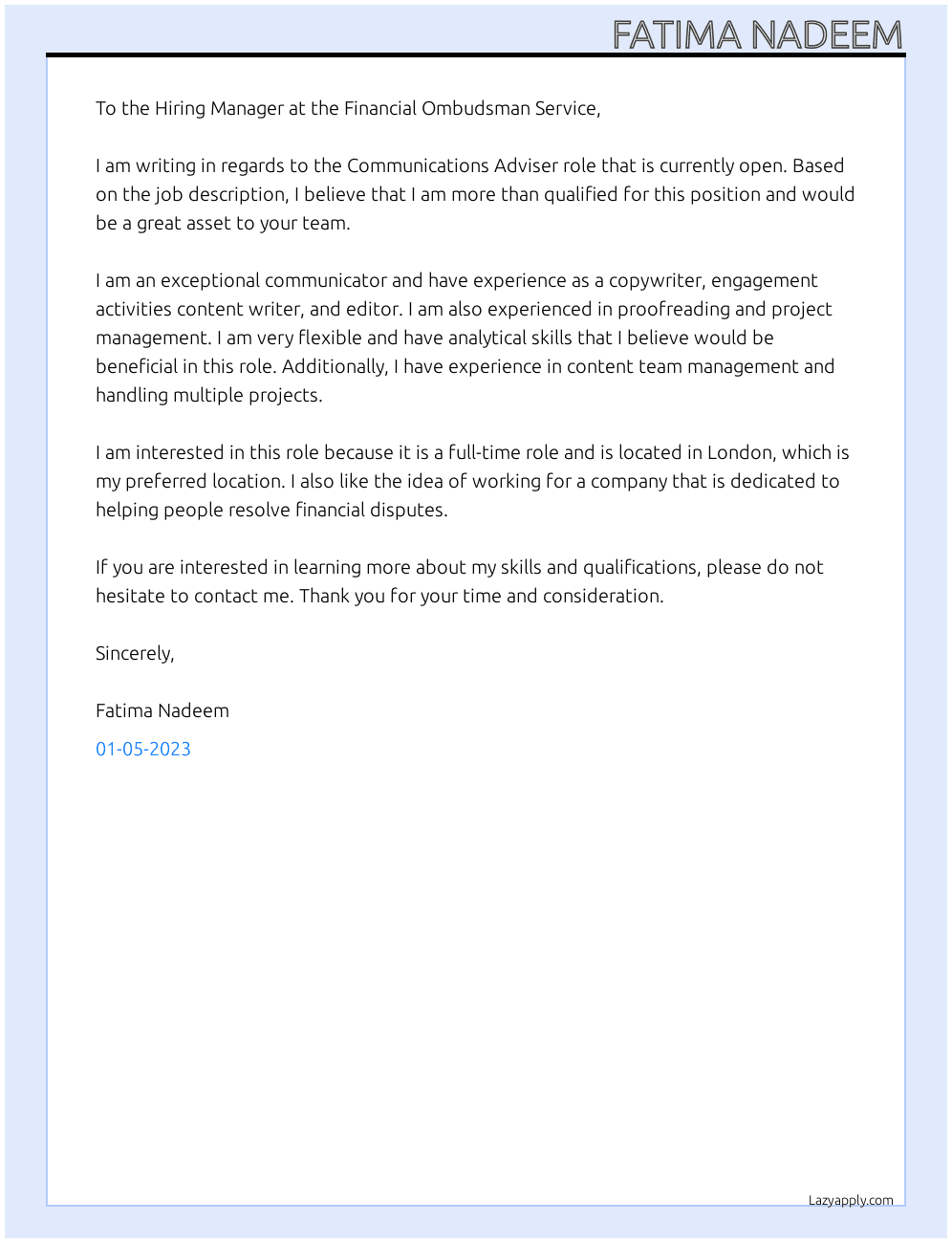 Communications Adviser At Financial Ombudsman Service. Cover Letter