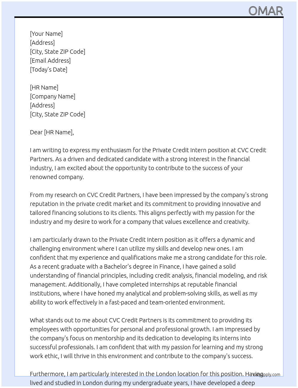 Private credit intern At CVC credit partners Cover Letter